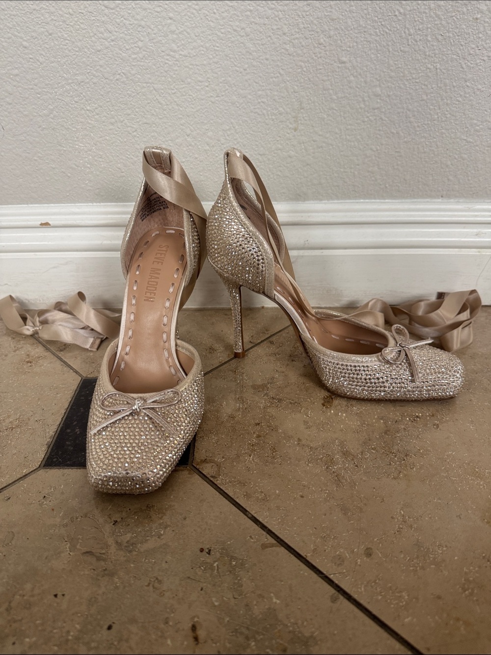 Steve Madden Champagne Crystal Tie Ankle Stilettos